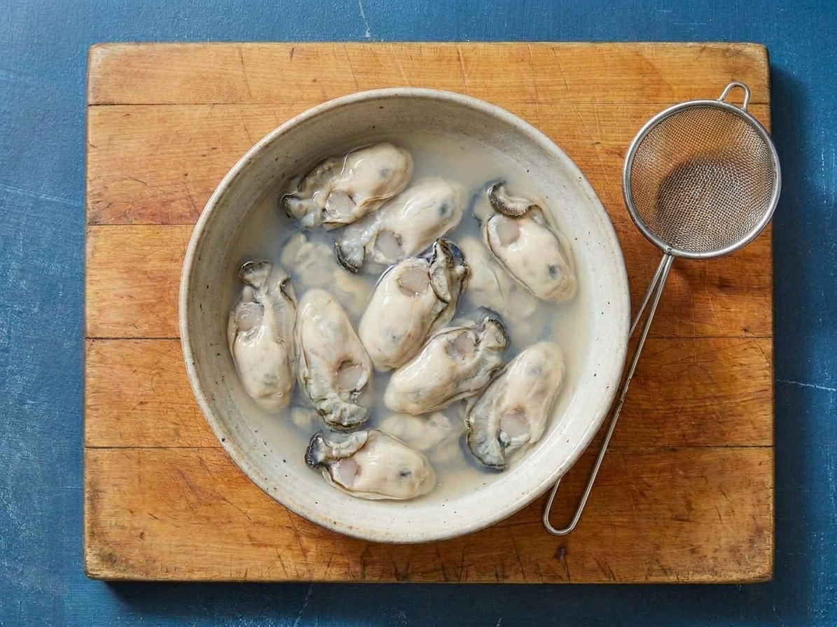 A bowl of freshly shucked oysters resting in their liquor on a kitchen counter with a small strainer nearby