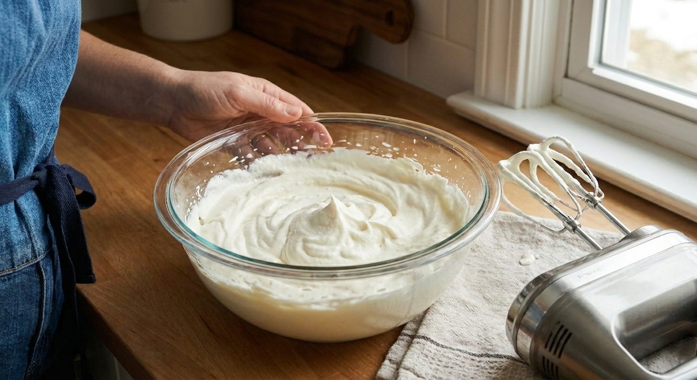 A bowl of freshly whipped cream at soft peaks with a hand mixer resting nearby