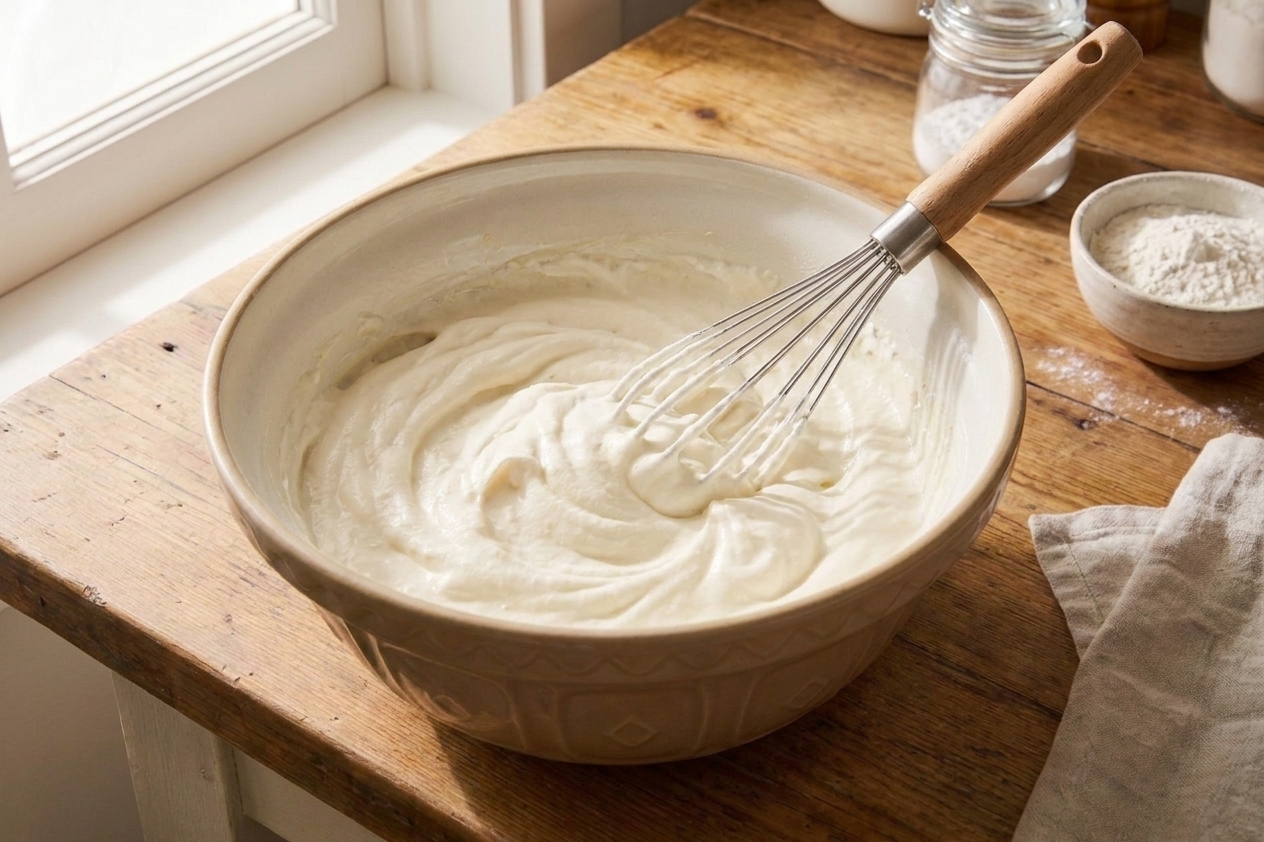 A bowl of freshly whipped cream at soft peaks with a whisk, sitting on a bright kitchen counter