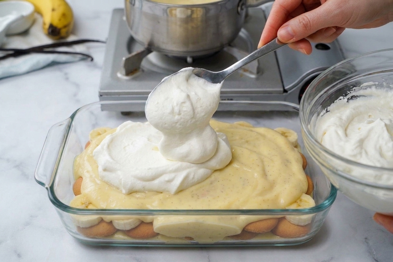 A bowl of freshly whipped cream being spooned onto chilled banana pudding in a glass dish