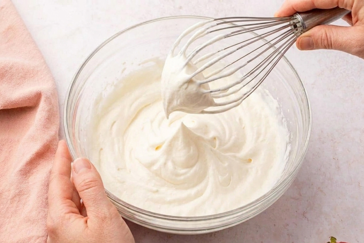 A bowl of freshly whipped cream showing soft, drooping peaks on a whisk