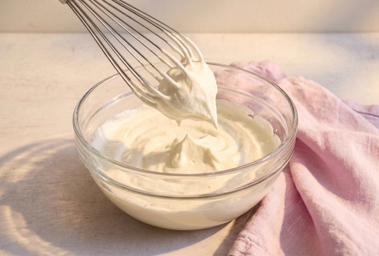 A bowl of freshly whipped cream with a whisk lifted, showing soft peaks