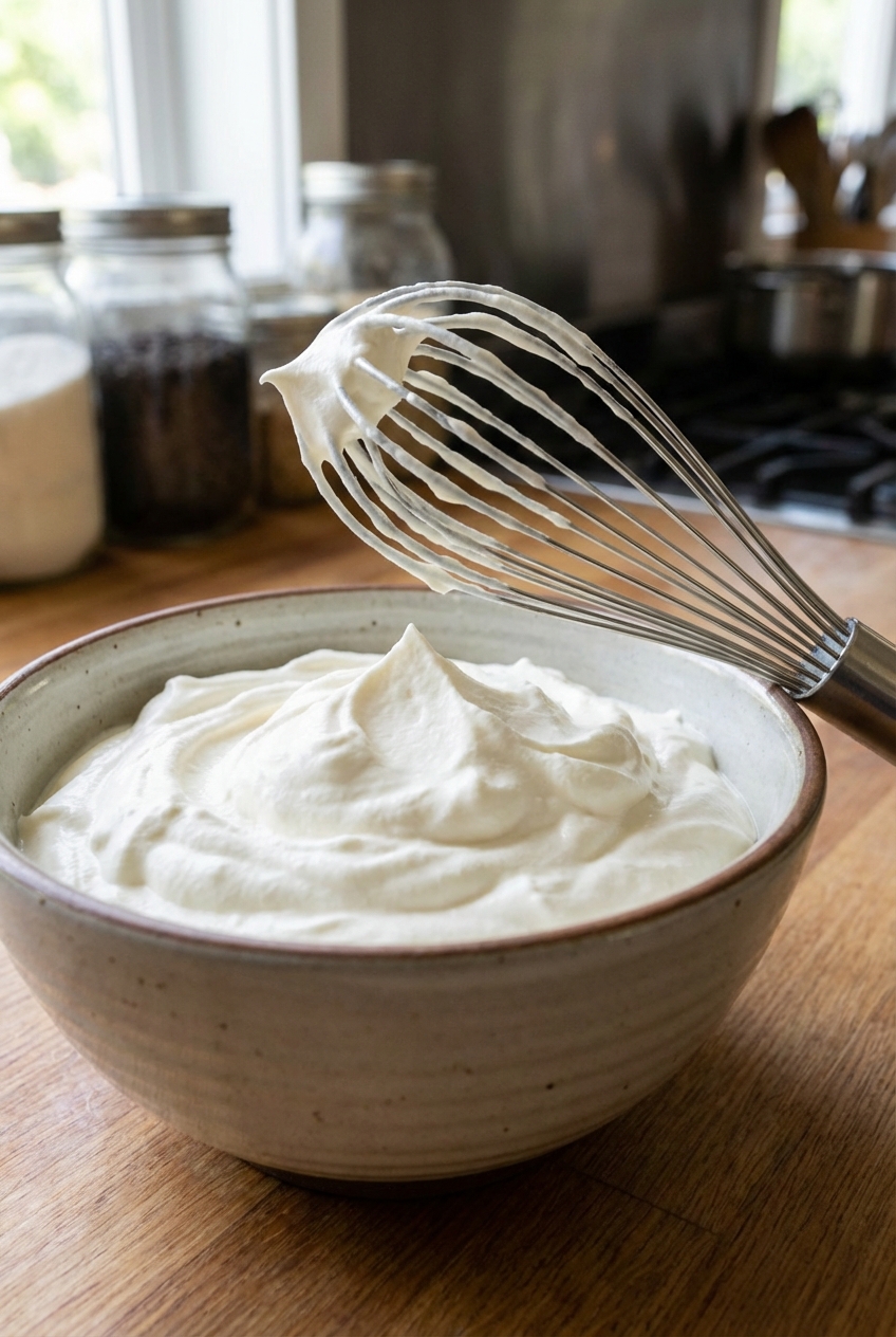 A bowl of freshly whipped cream with a whisk resting on the edge