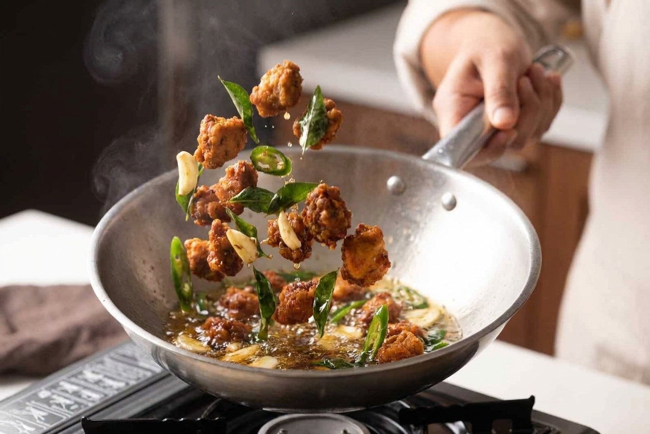 A bowl of fried chicken being tossed with sizzling curry leaves, sliced garlic, and green chiles in a home kitchen