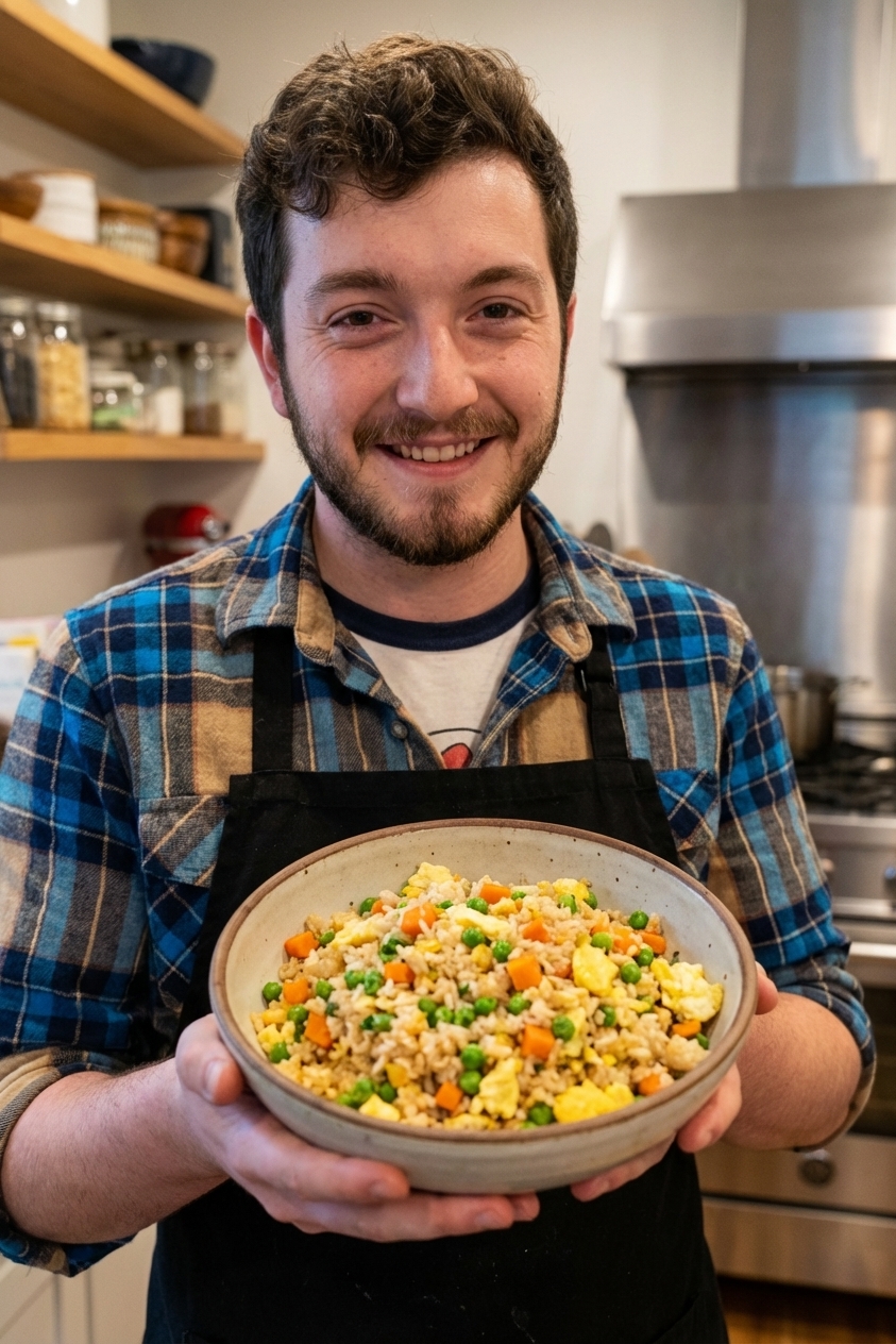 A bowl of fried rice with peas carrots and scrambled egg
