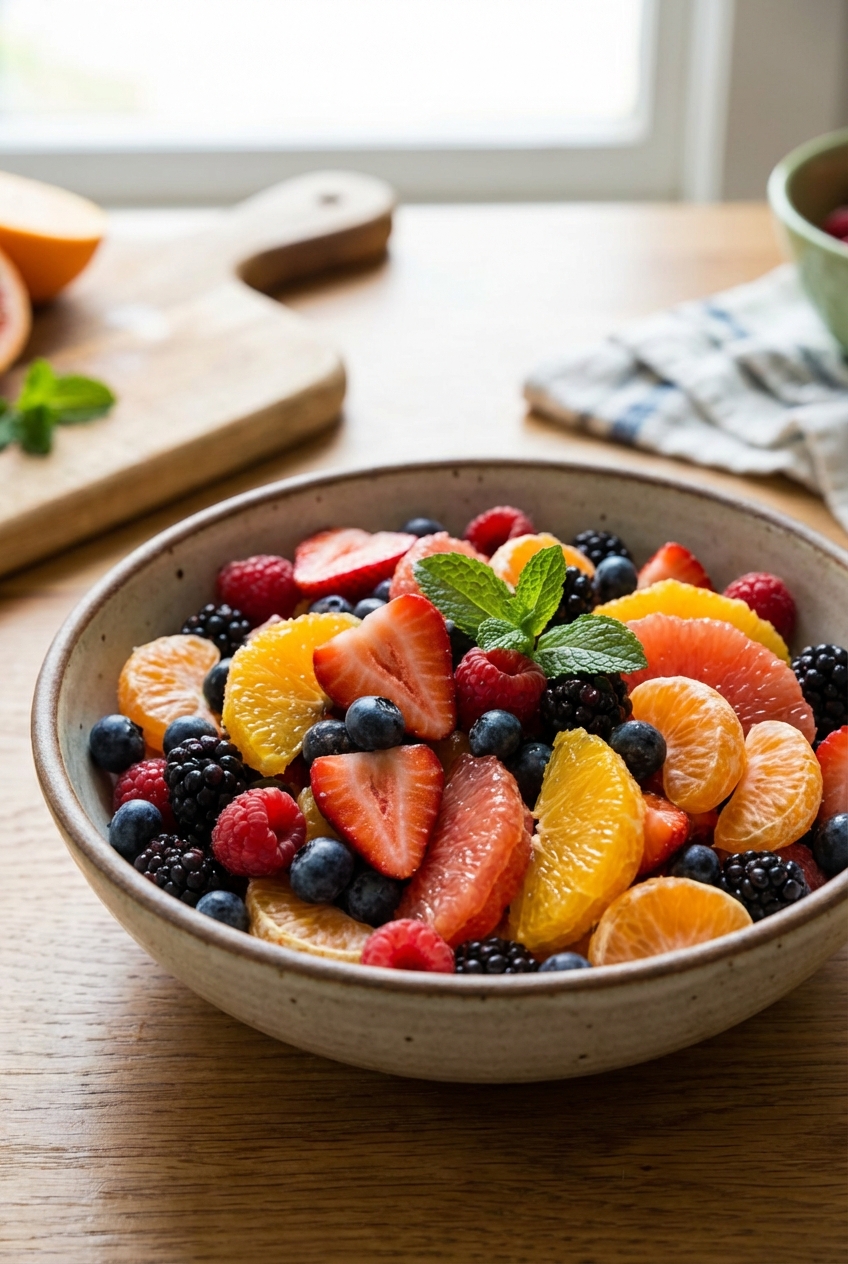 A bowl of fruit salad with berries and citrus segments