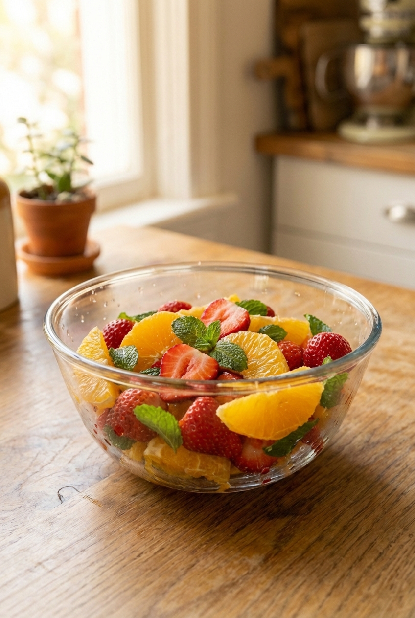 A bowl of fruit salad with orange segments, strawberries, and mint in bright natural light