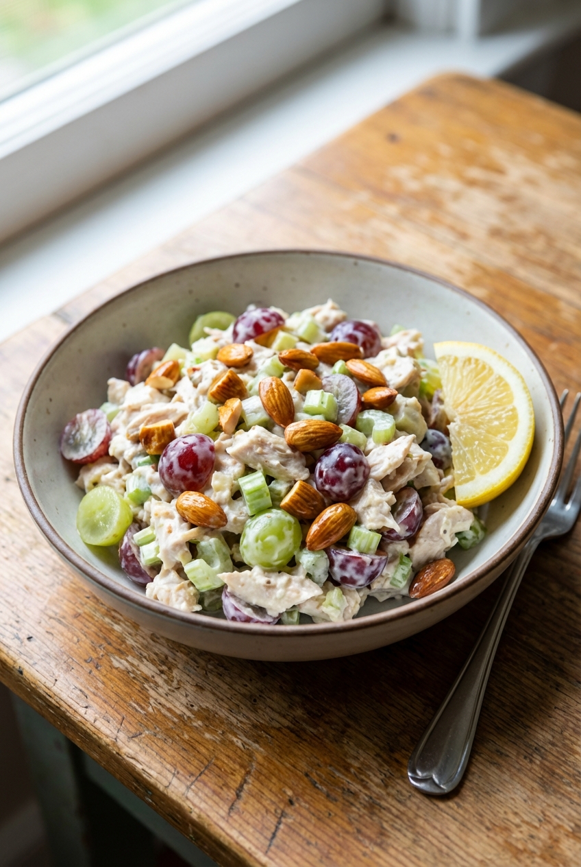 A bowl of fruity chicken salad with grapes, celery, and toasted almonds, served with a lemon wedge on a wooden table