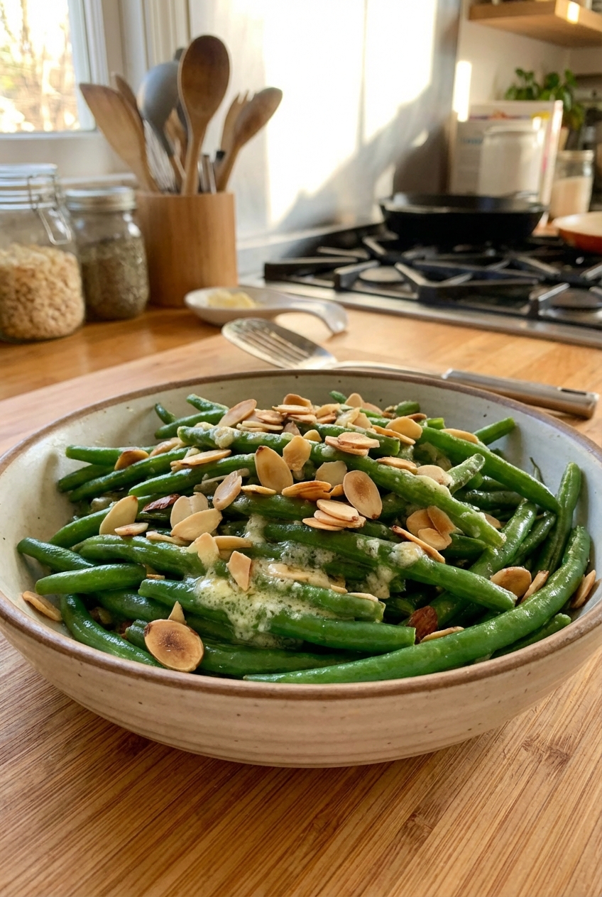 A bowl of garlic butter green beans with toasted almonds