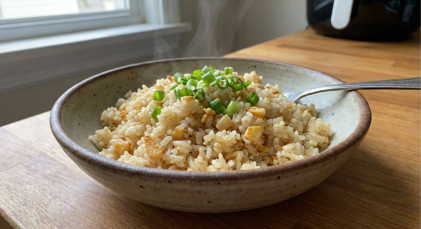 A bowl of garlic fried rice with scallions