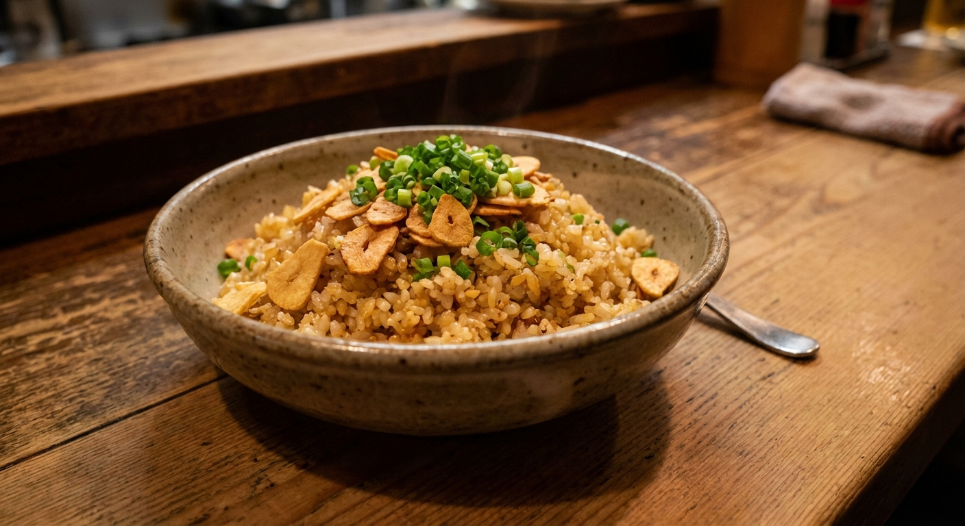 A bowl of garlic fried rice with toasted garlic bits and green onions