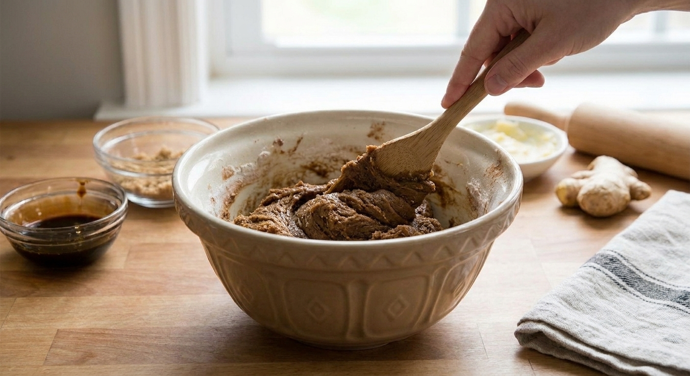 A bowl of ginger cookie dough being mixed until just combined, with a spatula scraping the sides