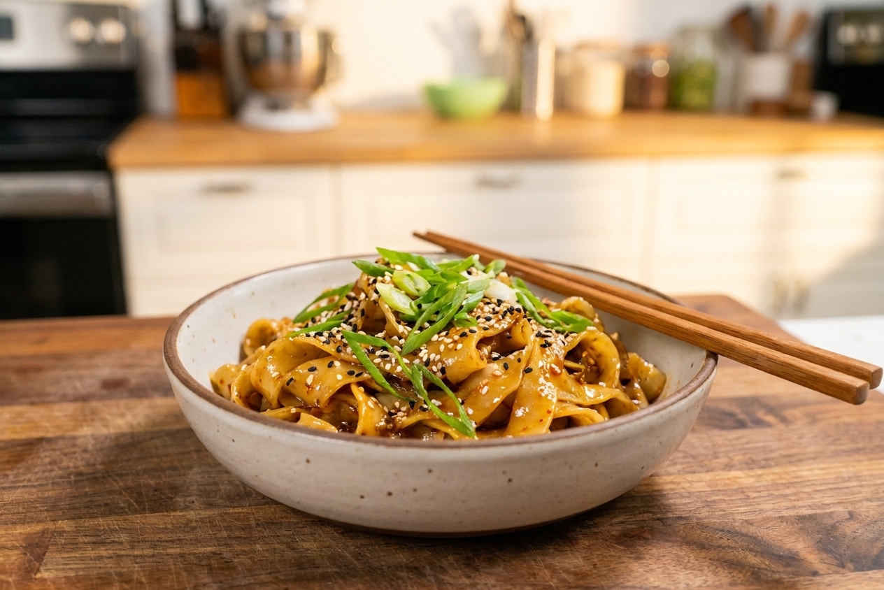 A bowl of glossy Asian noodles tossed in a spicy garlic sesame sauce, topped with scallions and sesame seeds on a wooden table with chopsticks