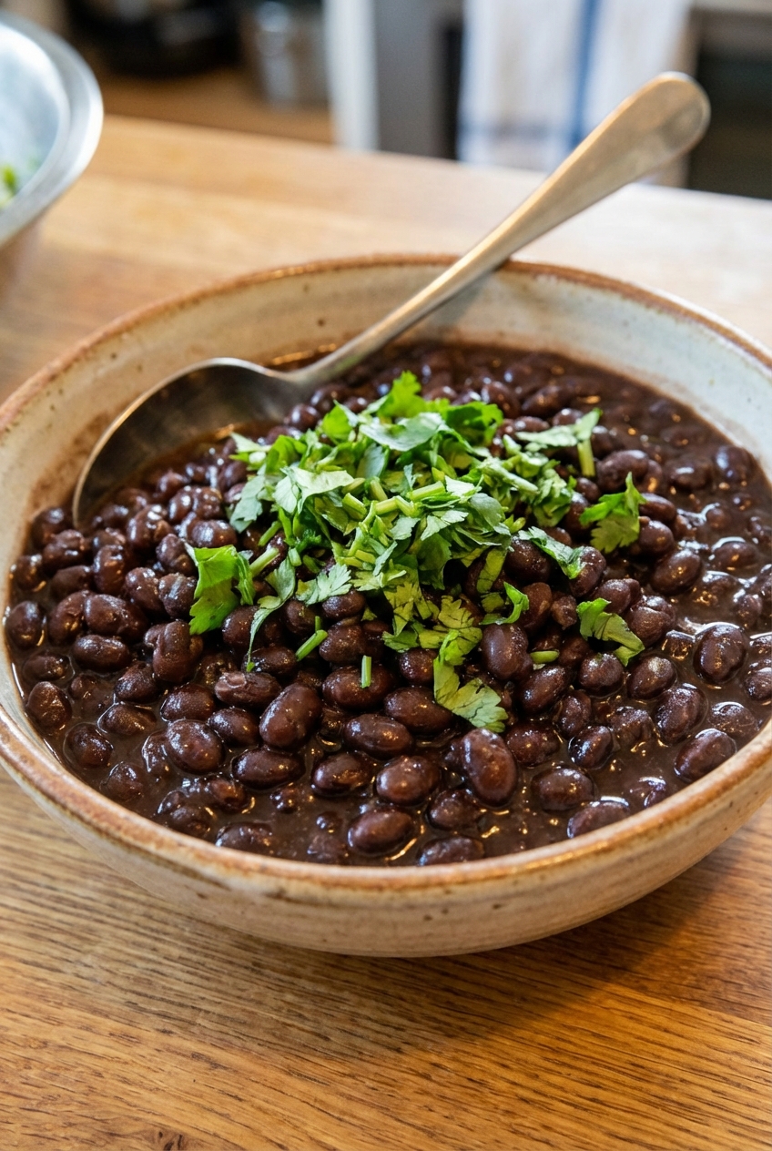 A bowl of glossy black beans with a spoon and chopped cilantro