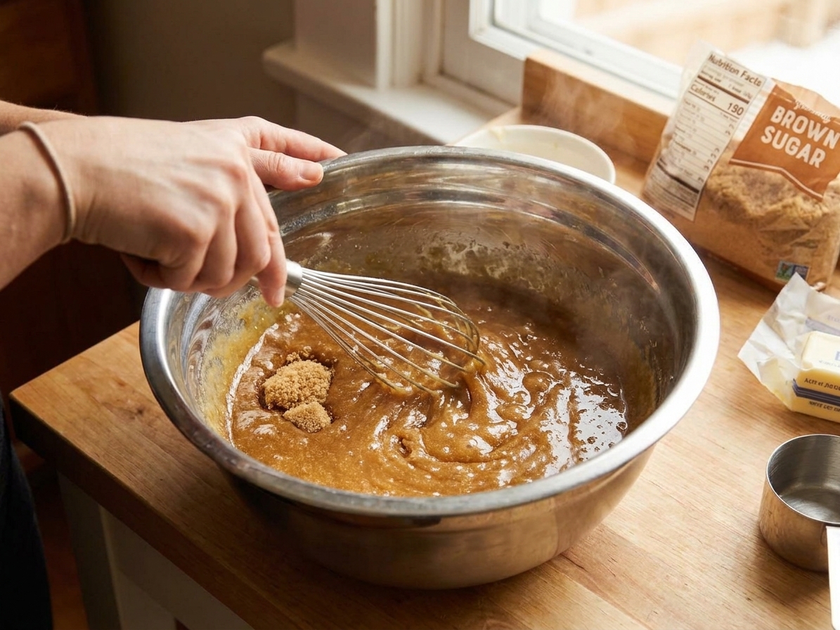A bowl of glossy brown sugar and melted butter mixture being whisked on a kitchen counter