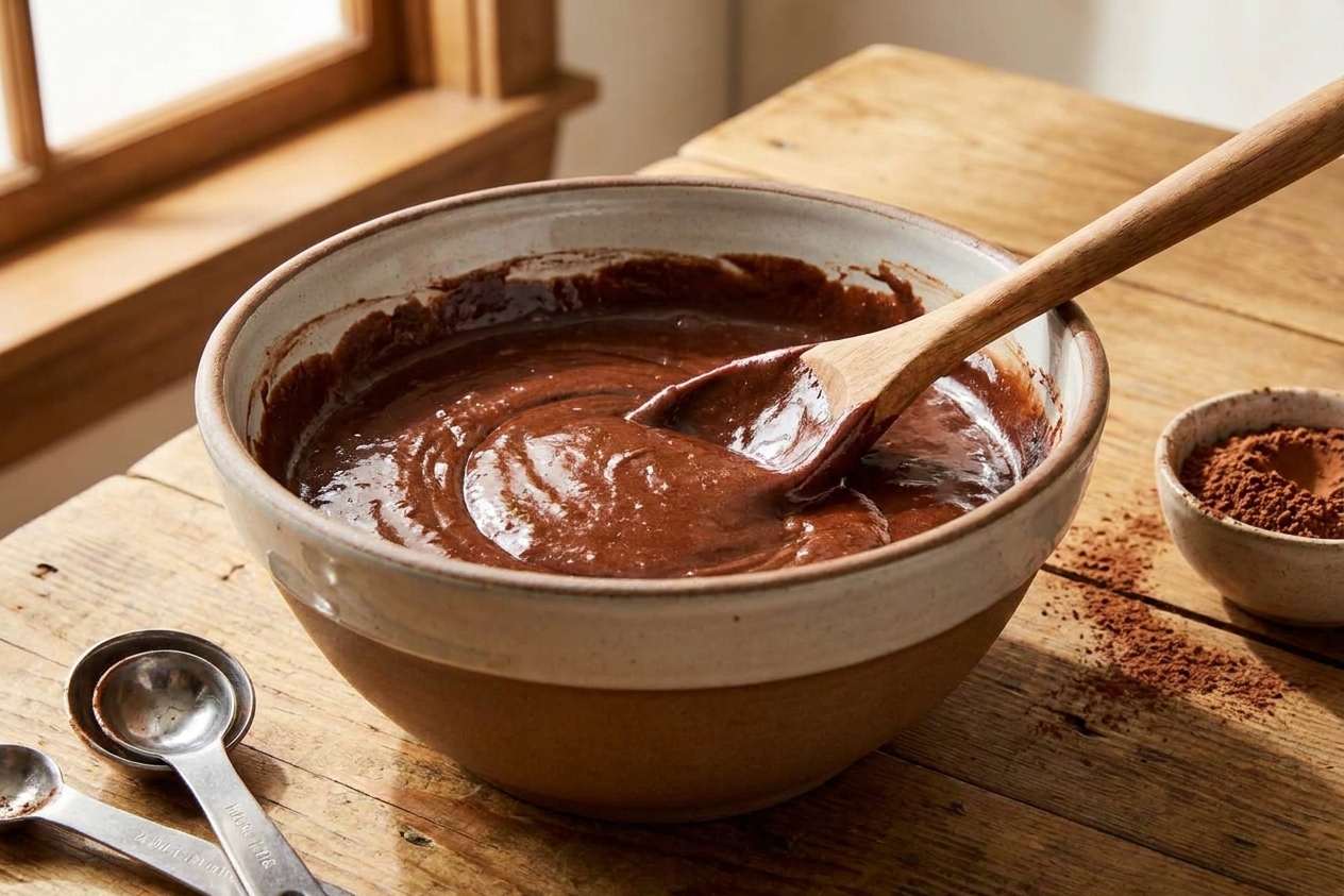 A bowl of glossy chocolate cake batter on a kitchen counter with measuring spoons and cocoa nearby
