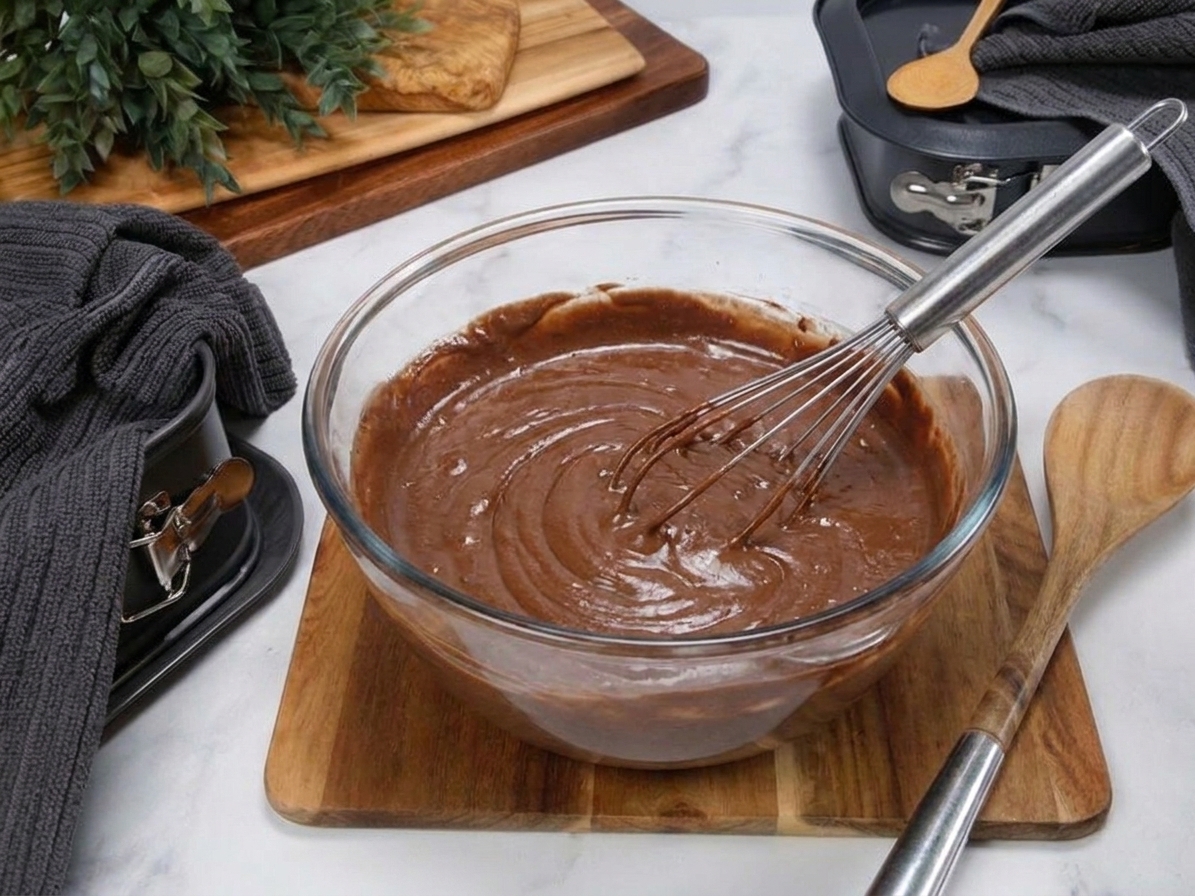 A bowl of glossy chocolate cake batter with a whisk resting inside on a kitchen counter, ready to be poured into a cake pan