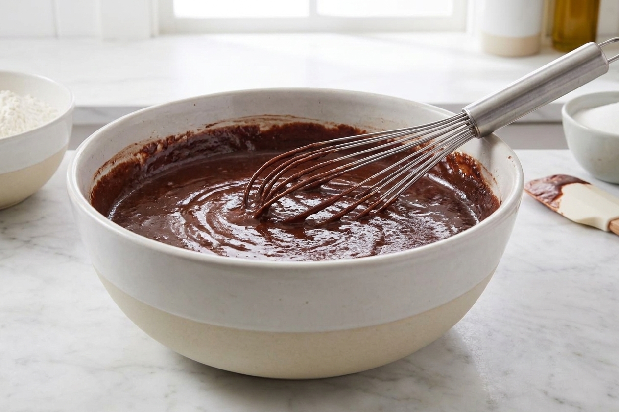 A bowl of glossy chocolate cake batter with a whisk resting inside on a kitchen counter