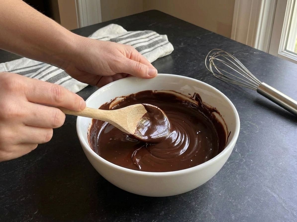 A bowl of glossy chocolate ganache being stirred with a spoon on a kitchen counter