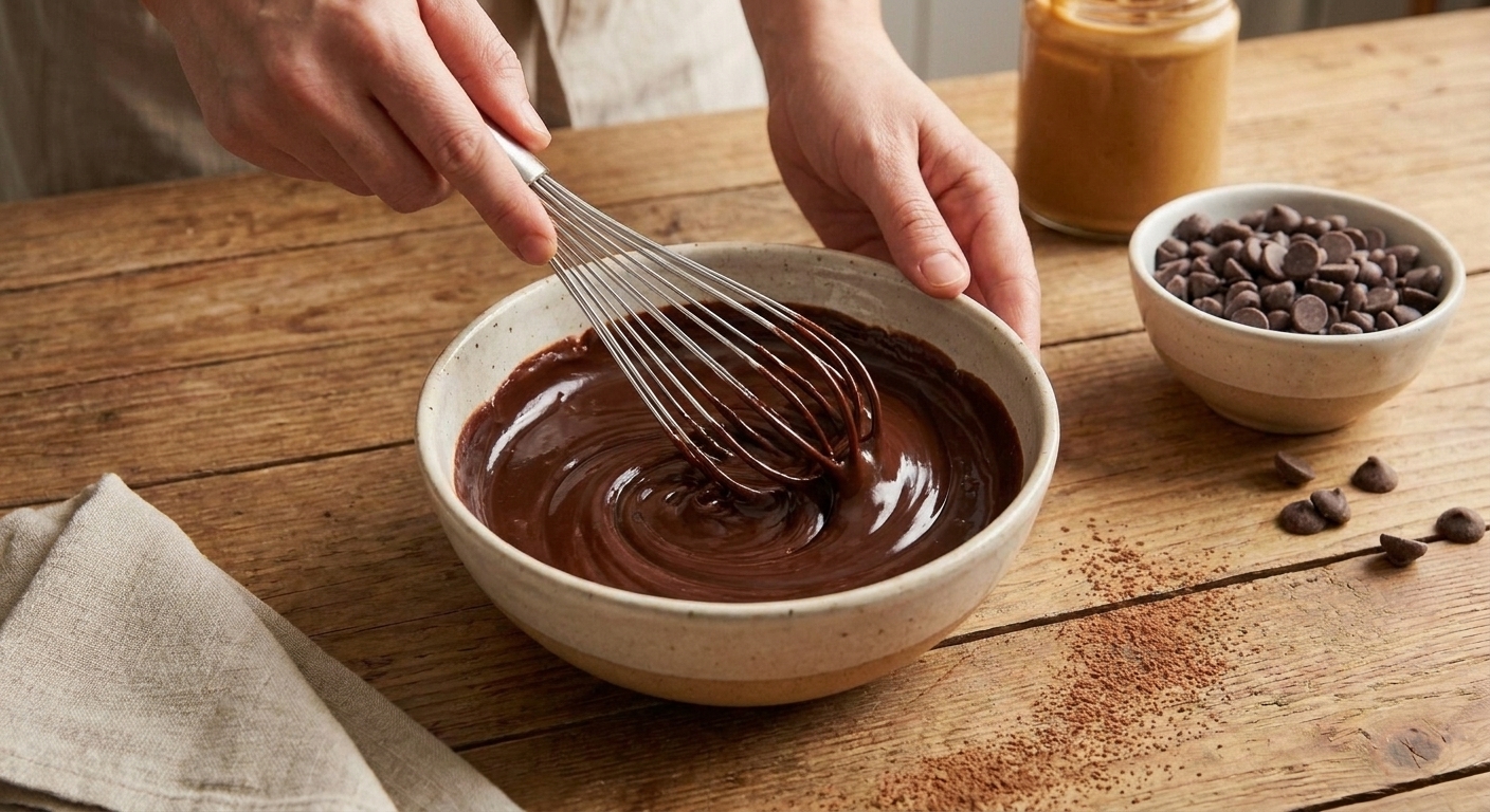 A bowl of glossy chocolate ganache being whisked on a kitchen counter with chocolate chips nearby