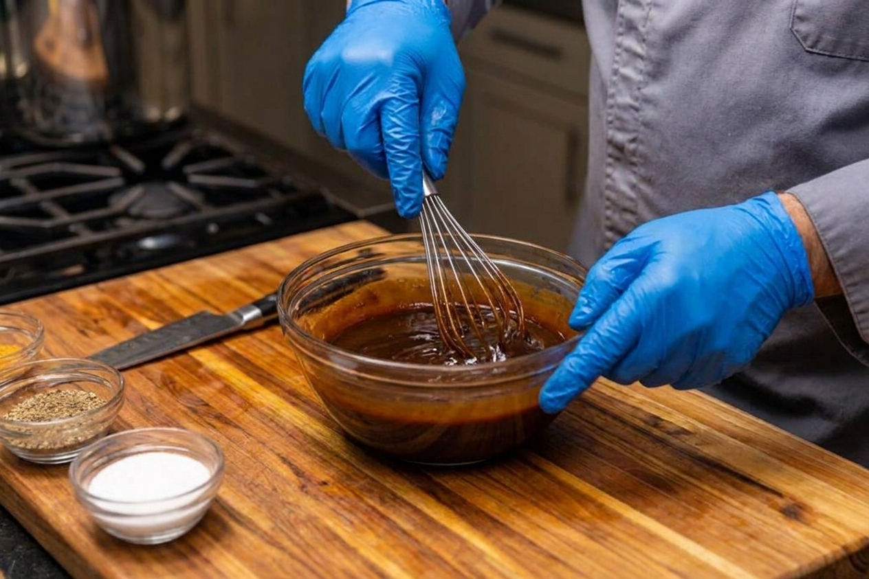 A bowl of glossy dark hoisin-style sauce being whisked until smooth