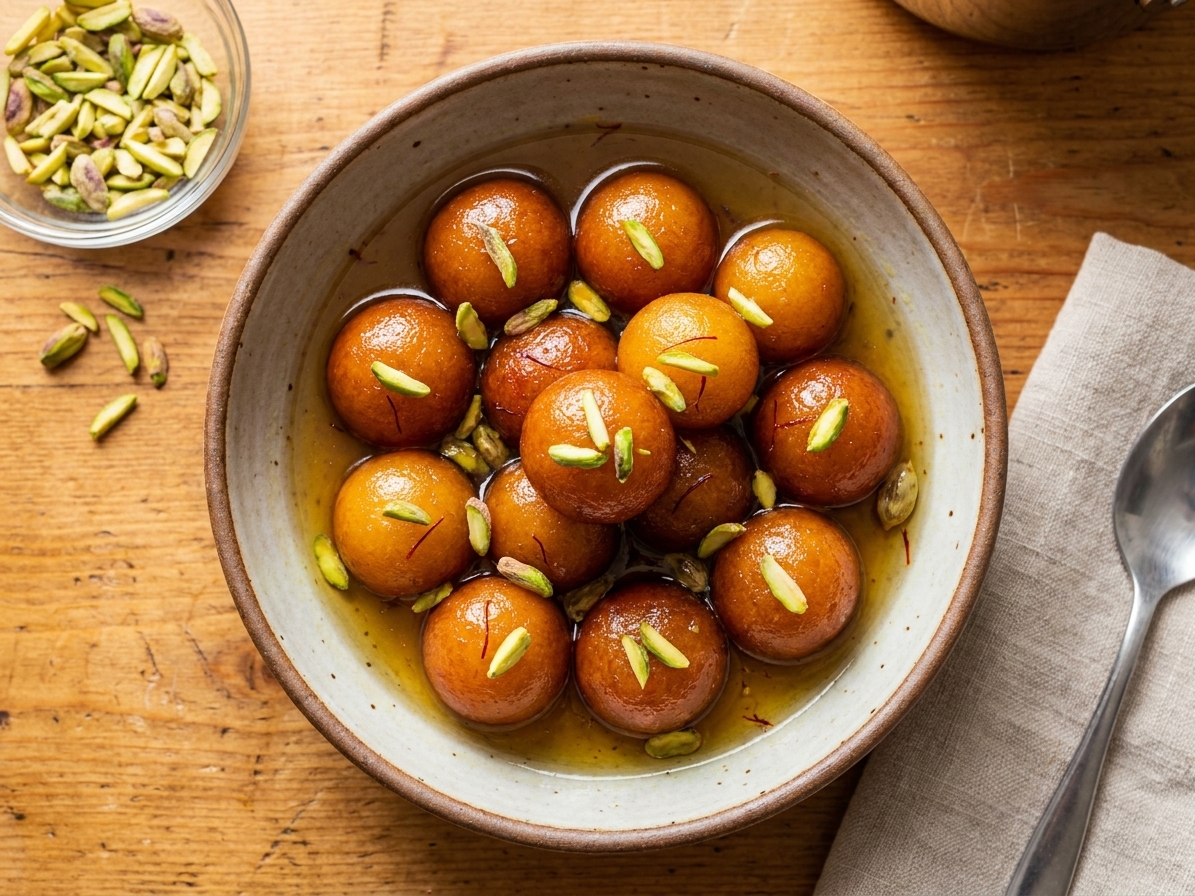 A bowl of glossy gulab jamun soaking in amber sugar syrup, garnished with slivered pistachios on a warm kitchen table