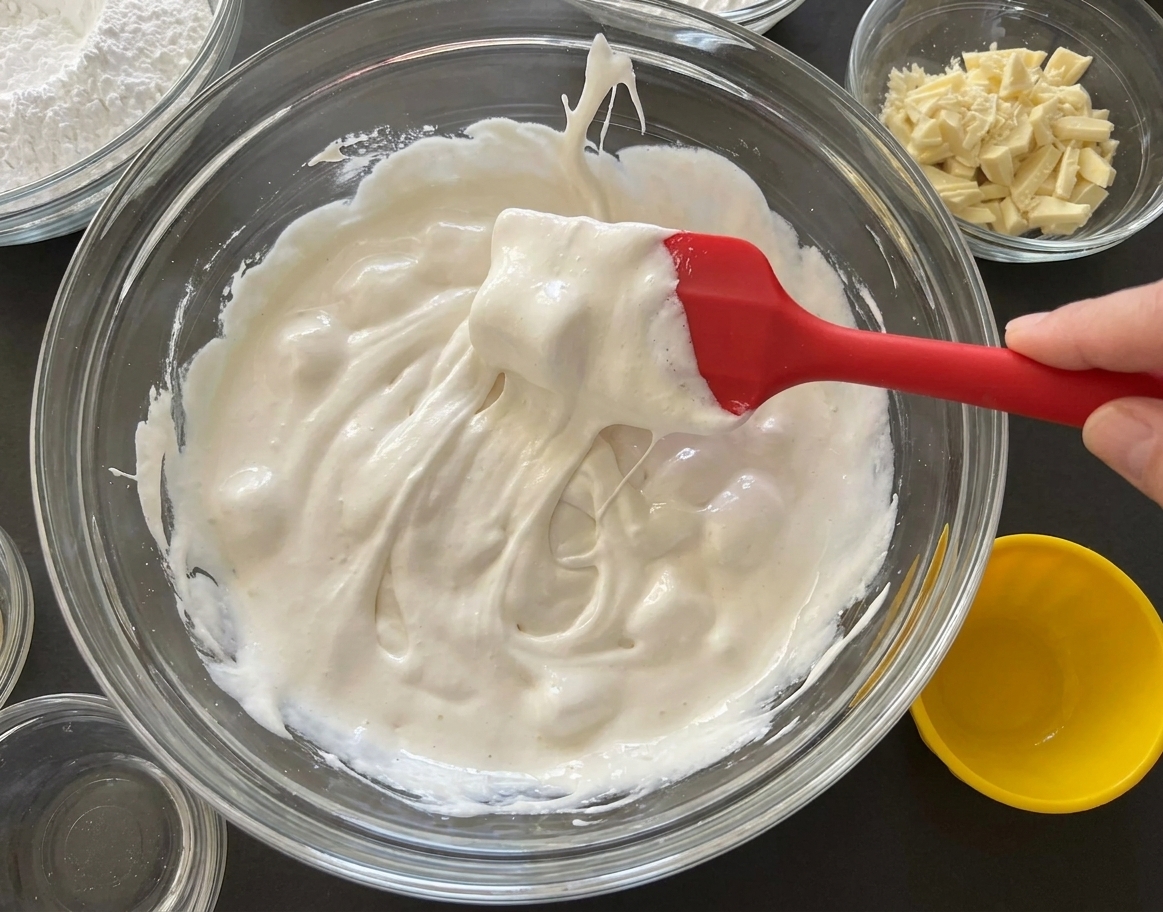 A bowl of glossy melted marshmallows being stirred with a silicone spatula on a kitchen counter