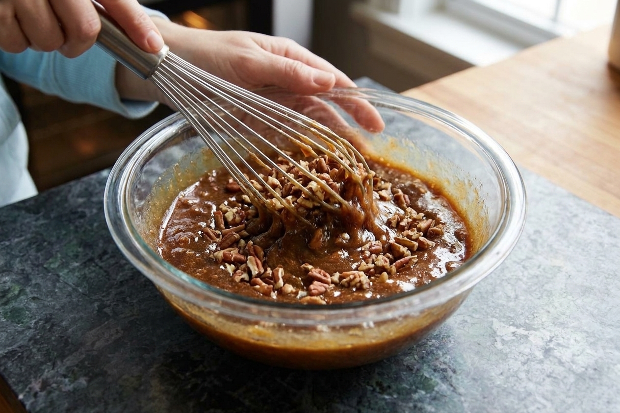 A bowl of glossy pecan filling being whisked together with chopped pecans and the warm brown sugar mixture.