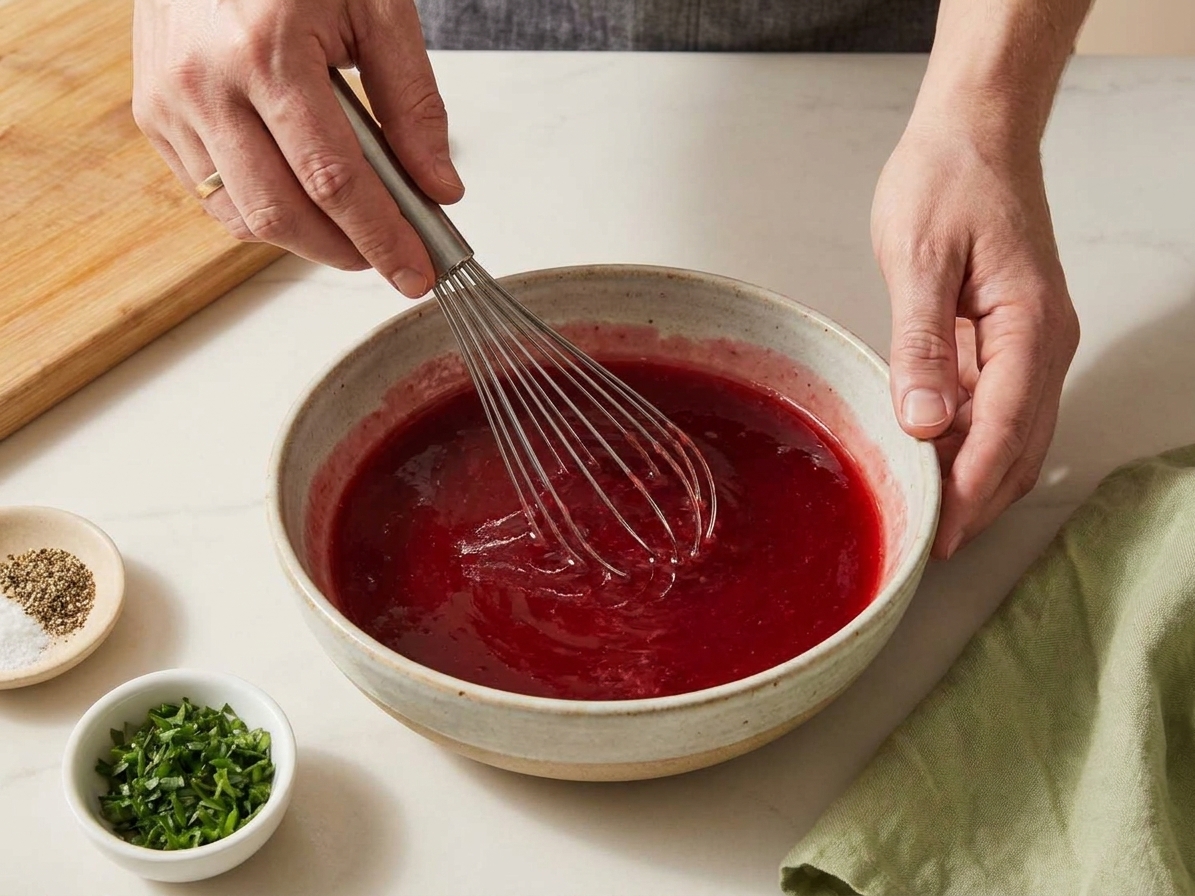 A bowl of glossy red sauce being whisked together on a kitchen counter