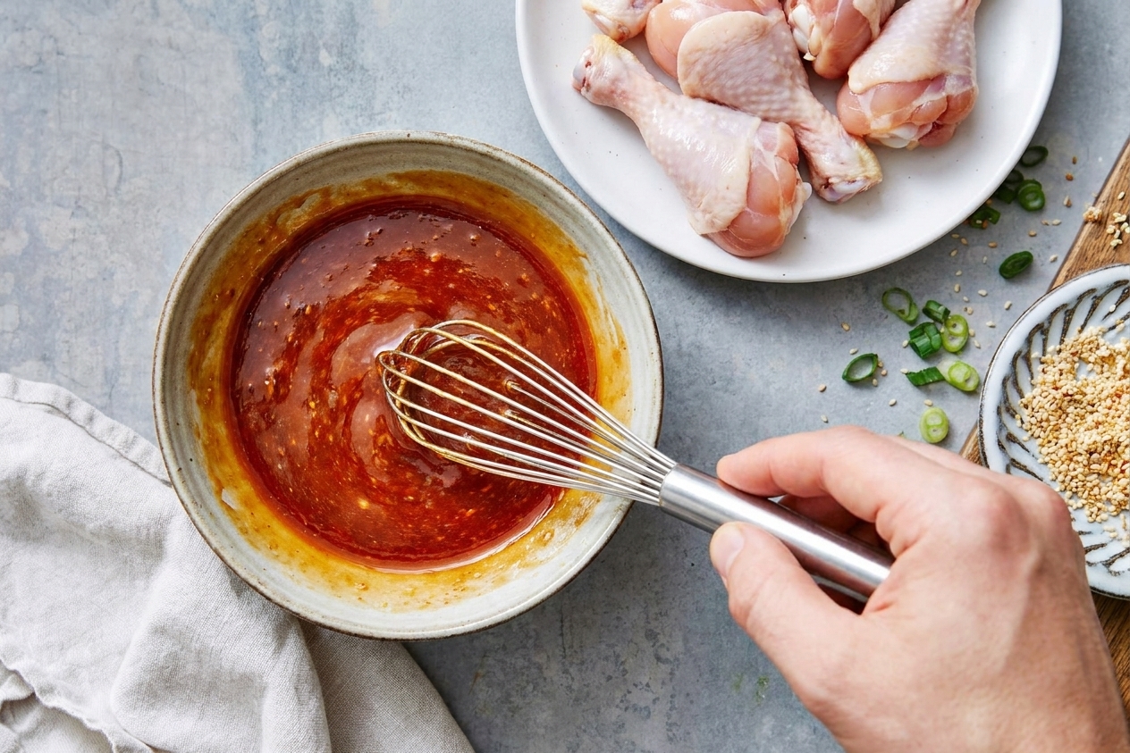 A bowl of glossy reddish-brown sauce being whisked on a kitchen counter next to raw chicken drumettes