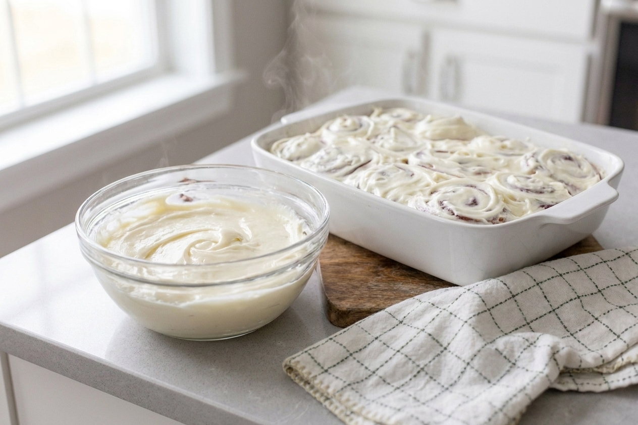 A bowl of glossy vanilla frosting beside a tray of warm cinnamon rolls on a bright kitchen counter