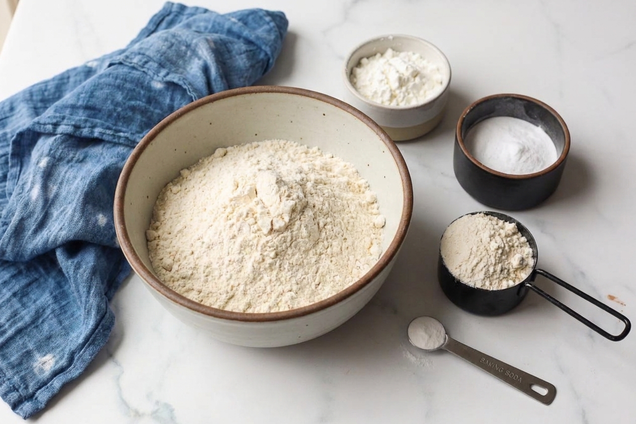 A bowl of gluten-free all-purpose flour blend with cornstarch and baking soda measured beside it on a kitchen counter