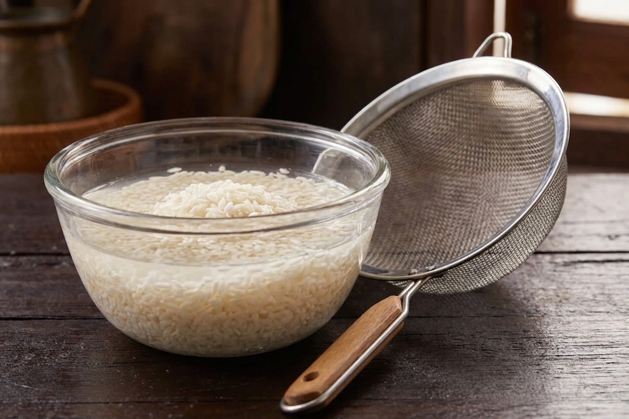 A bowl of glutinous rice soaking in water on a kitchen counter beside a fine mesh strainer