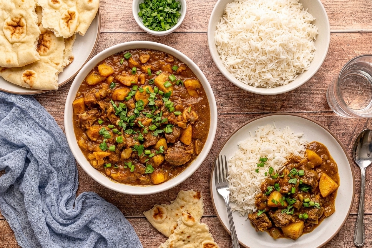 A bowl of goat curry served over white rice, topped with chopped cilantro, with naan on the side on a dinner table