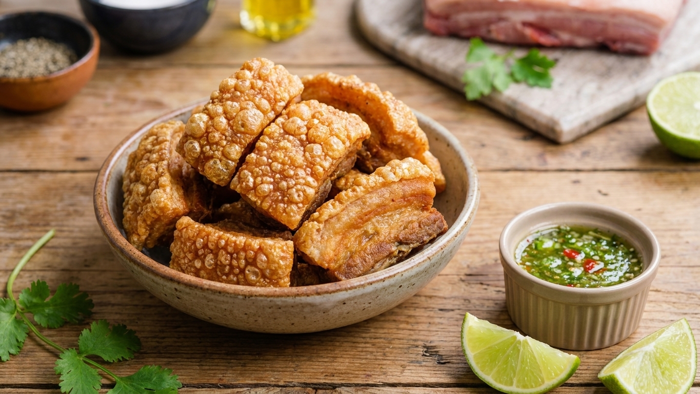 A bowl of golden, bubbly pork belly chicharrones piled high on a wooden table with a small ramekin of lime and chili dipping sauce, warm kitchen lighting