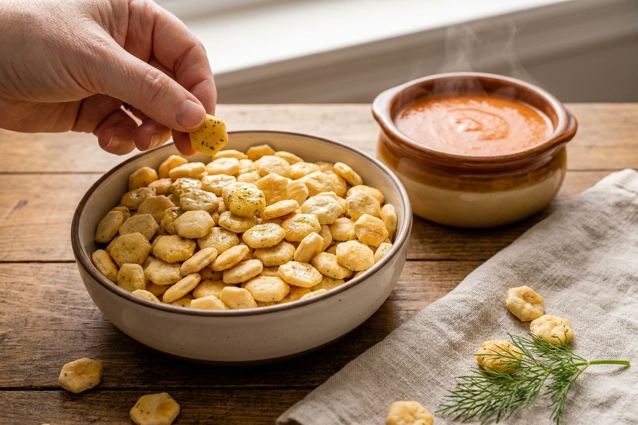 A bowl of golden ranch-seasoned oyster crackers on a cozy kitchen table with a small ramekin of soup nearby, warm natural light