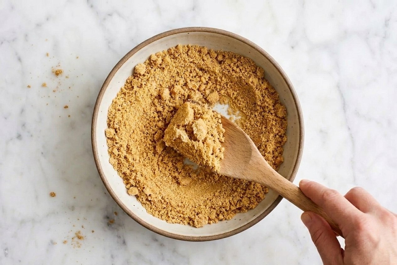 A bowl of graham cracker crumb mixture being stirred with a spatula, showing a sandy, buttery texture