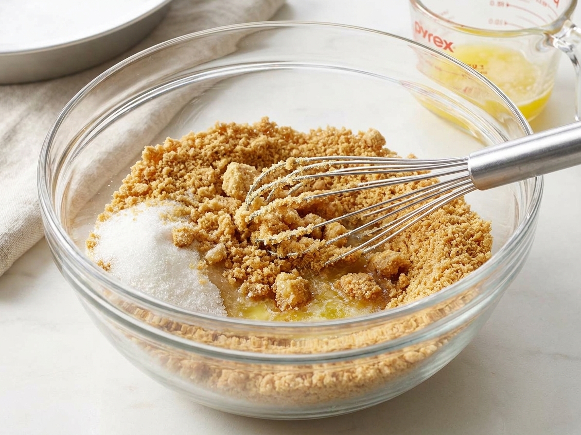 A bowl of graham cracker crumbs mixed with sugar and melted butter on a kitchen counter with a whisk nearby
