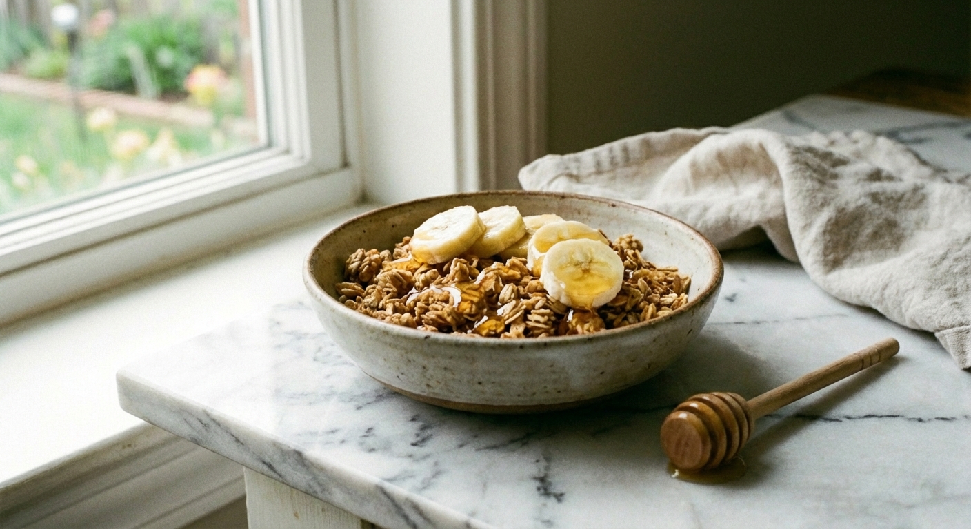 A bowl of granola with sliced banana and a drizzle of honey on top on a marble counter