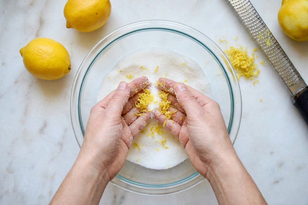 A bowl of granulated sugar with fresh lemon zest being rubbed in by hand on a kitchen counter