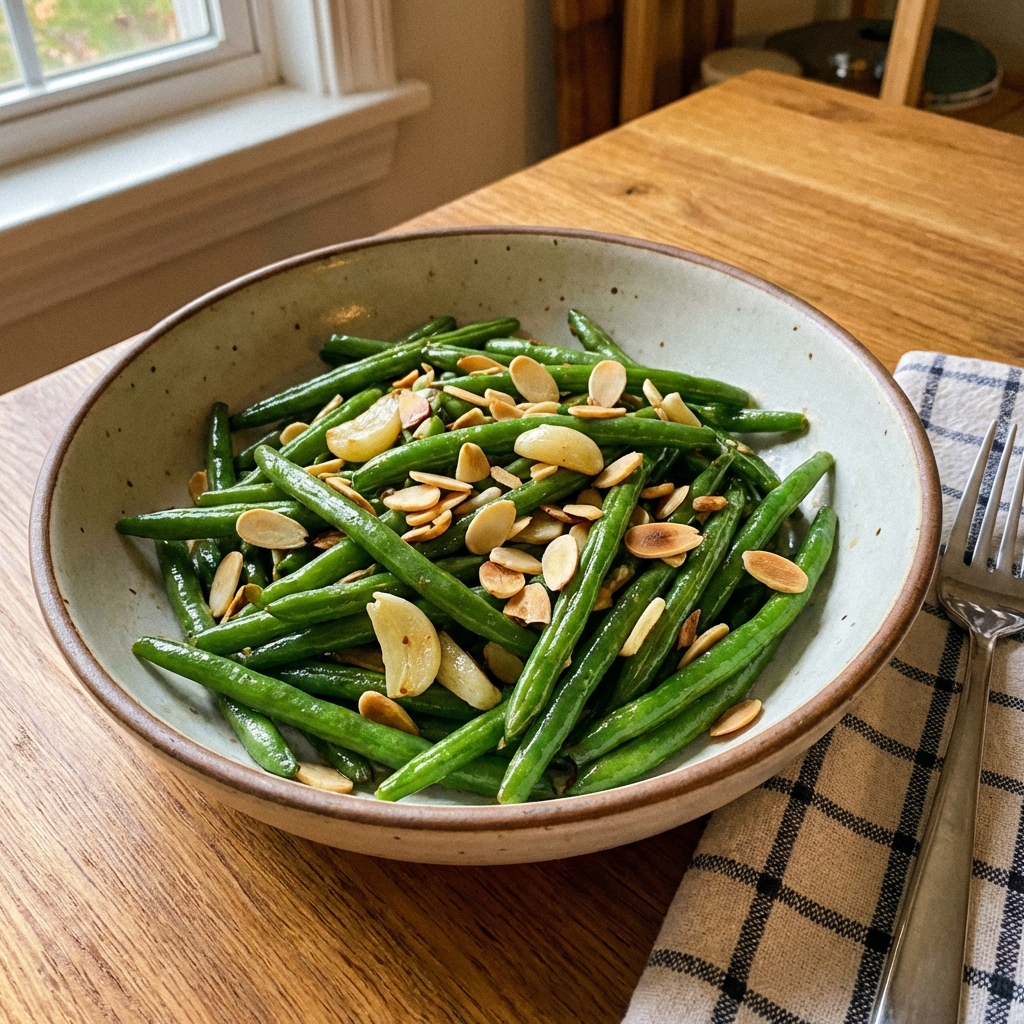 A bowl of green beans tossed with garlic and toasted almonds