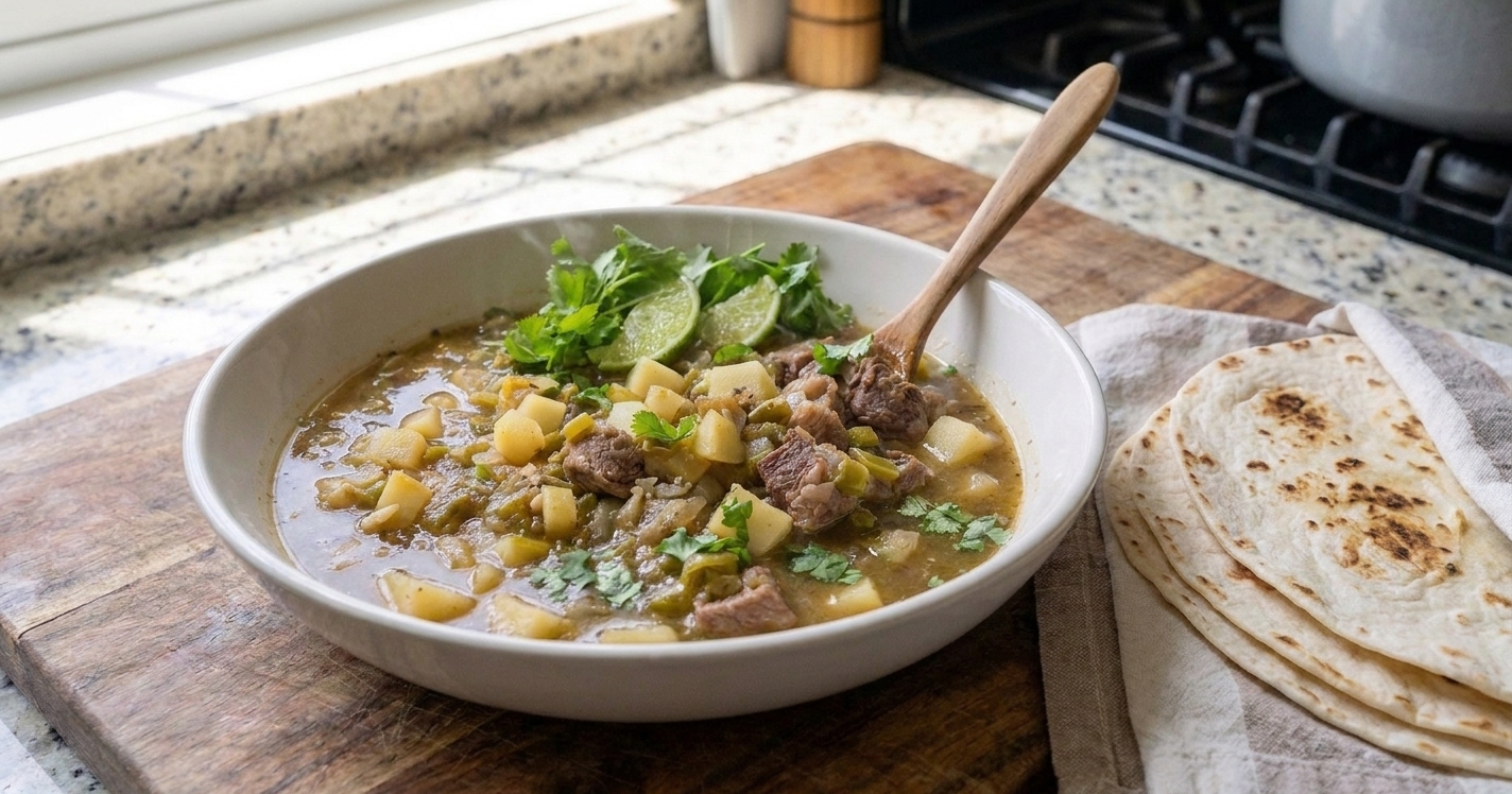 A bowl of green chili pork stew with tender pork chunks, potatoes, and chopped cilantro on top, photographed on a warm kitchen table with tortillas nearby