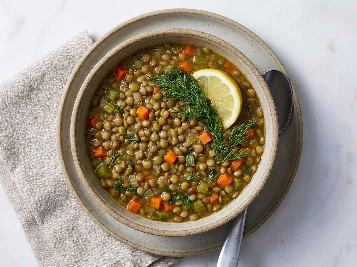 A bowl of green lentil soup with visible lentils, carrots, and celery, finished with fresh dill and a lemon wedge on a simple stoneware table setting