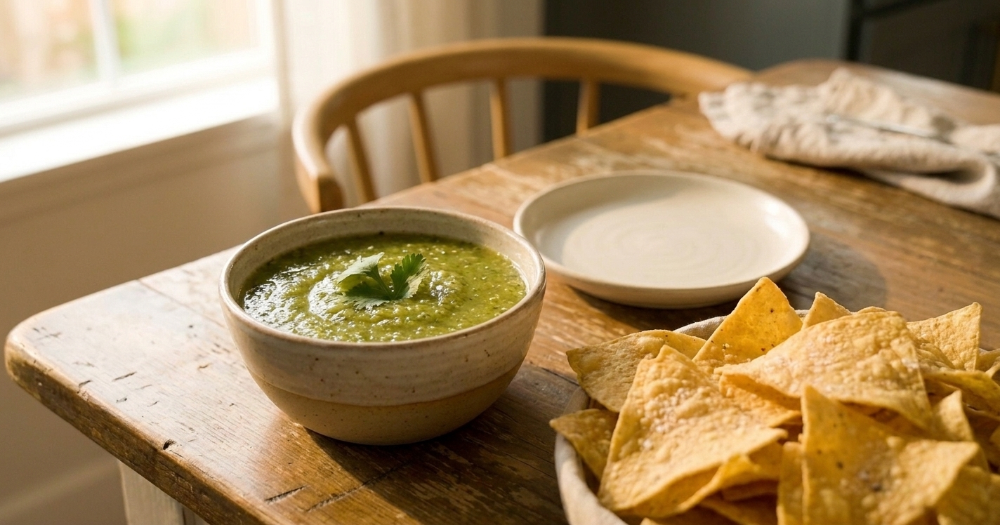 A bowl of green salsa on a simple dining table with tortilla chips and a small plate, casual weeknight setting