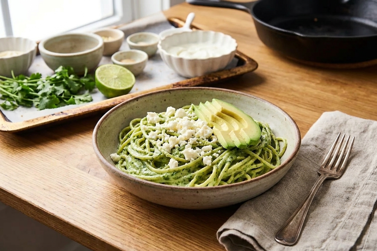A bowl of green spaghetti coated in creamy poblano-cilantro sauce, topped with crumbled queso fresco and sliced avocado on a warm kitchen table