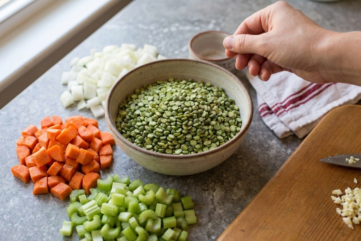 A bowl of green split peas surrounded by chopped carrots, celery, and diced onion on a kitchen counter