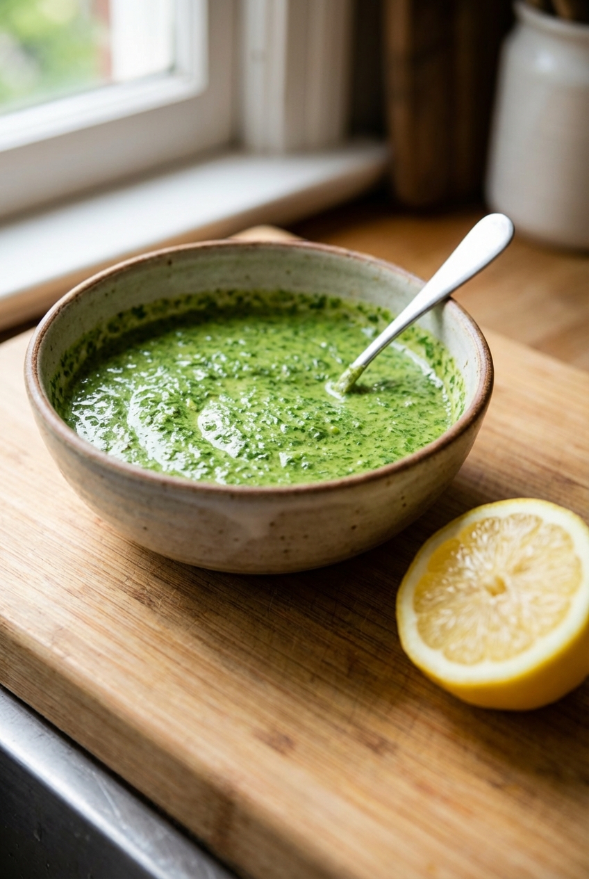 A bowl of green tahini sauce with a spoon and lemon half nearby
