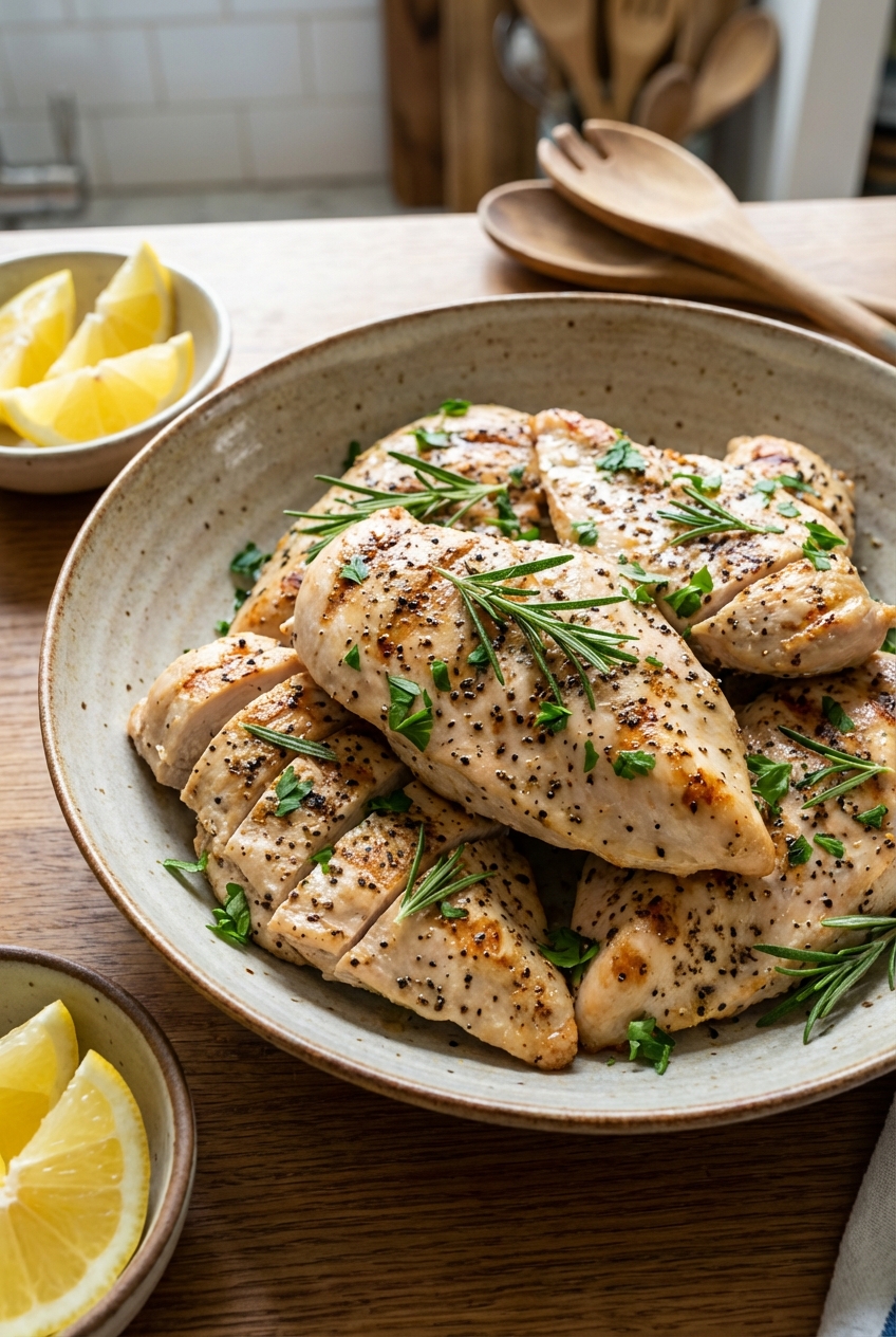 A bowl of grilled chicken slices with pepper and herbs