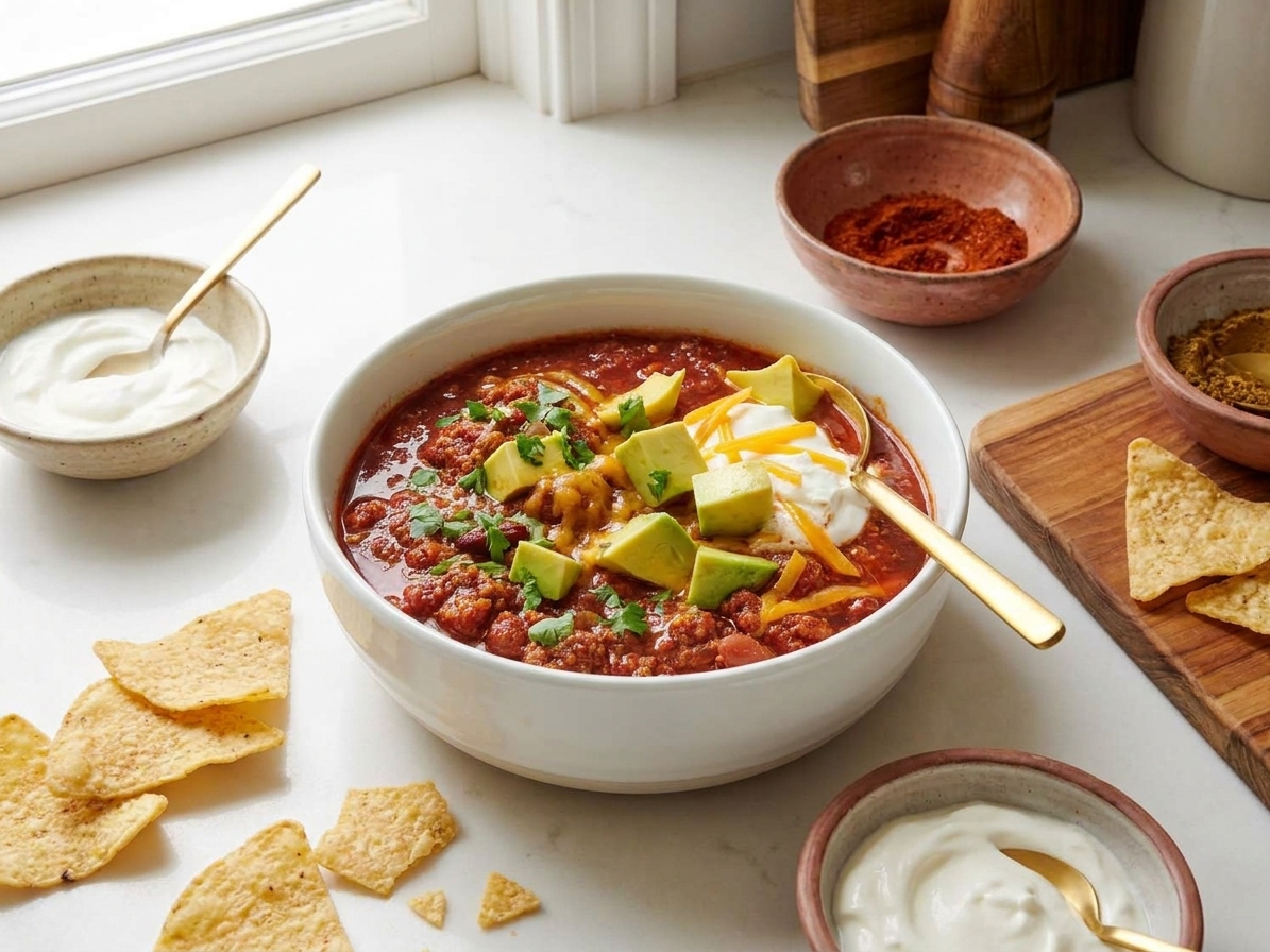 A bowl of ground turkey chili topped with shredded cheese and cilantro on a kitchen table with tortilla chips and sour cream nearby