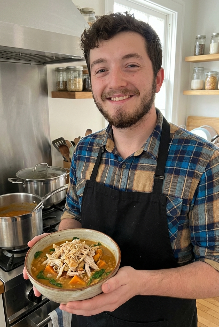 A bowl of groundnut soup topped with shredded chicken